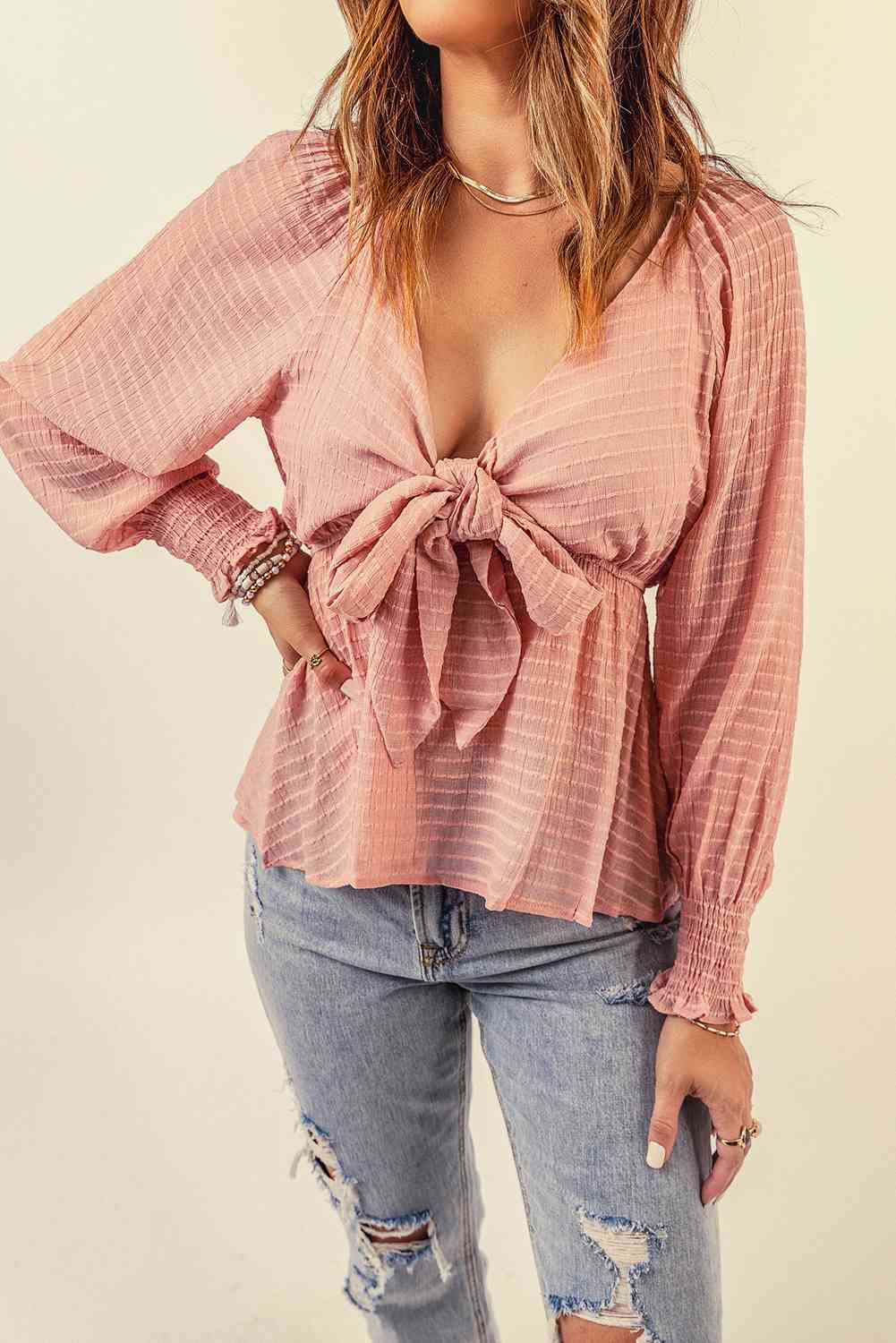 Striped Deep V Bow Detail Babydoll Top - SELFTRITSS