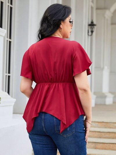 Plus Size Frill Surplice Flutter Sleeve Blouse - SELFTRITSS   