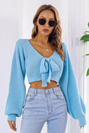 Bow V-Neck Long Sleeve Cropped Sweater - SELFTRITSS