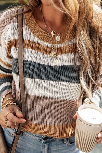 Striped Round Neck Dropped Shoulder Sweater - SELFTRITSS