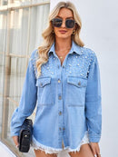 Pearl Detail Pocketed Button Up Denim Jacket - SELFTRITSS