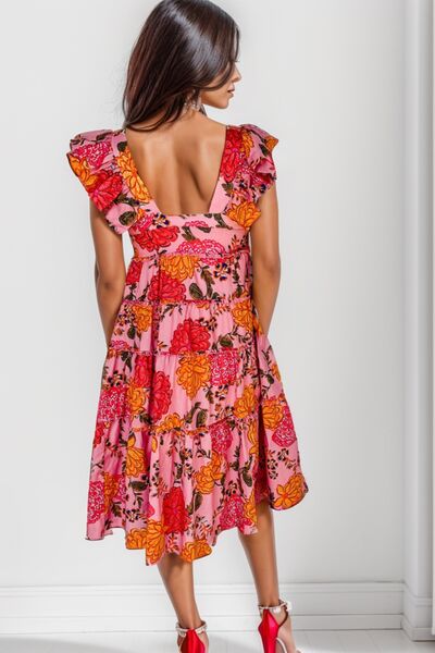 Ruffled Floral Square Neck Tiered Dress - SELFTRITSS