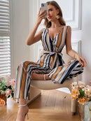 Striped Surplice Neck Sleeveless Wide Leg Jumpsuit - SELFTRITSS