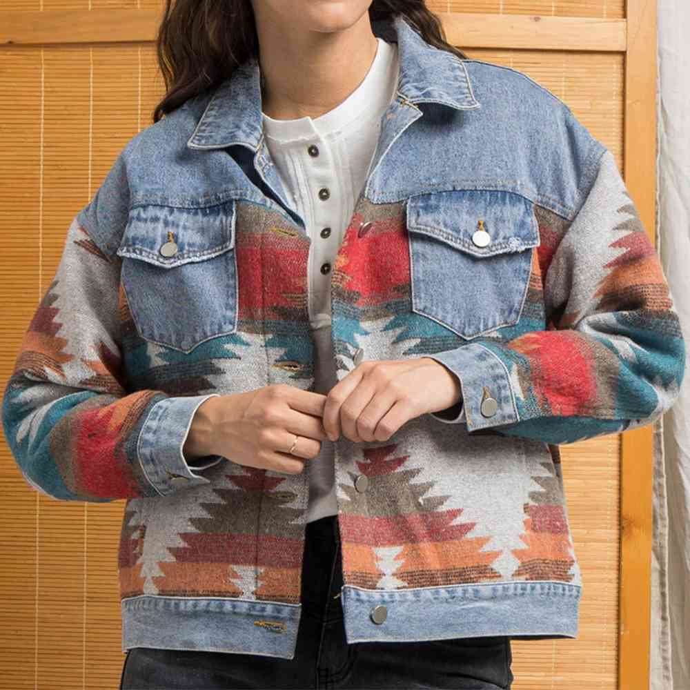 Printed Button Down Denim Shacket - SELFTRITSS