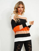 Striped Round Neck Dropped Shoulder Sweater - SELFTRITSS