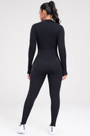 Zip Up Ribbed Long Sleeve Skinny Active Jumpsuit - SELFTRITSS