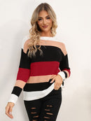 Striped Round Neck Dropped Shoulder Sweater - SELFTRITSS