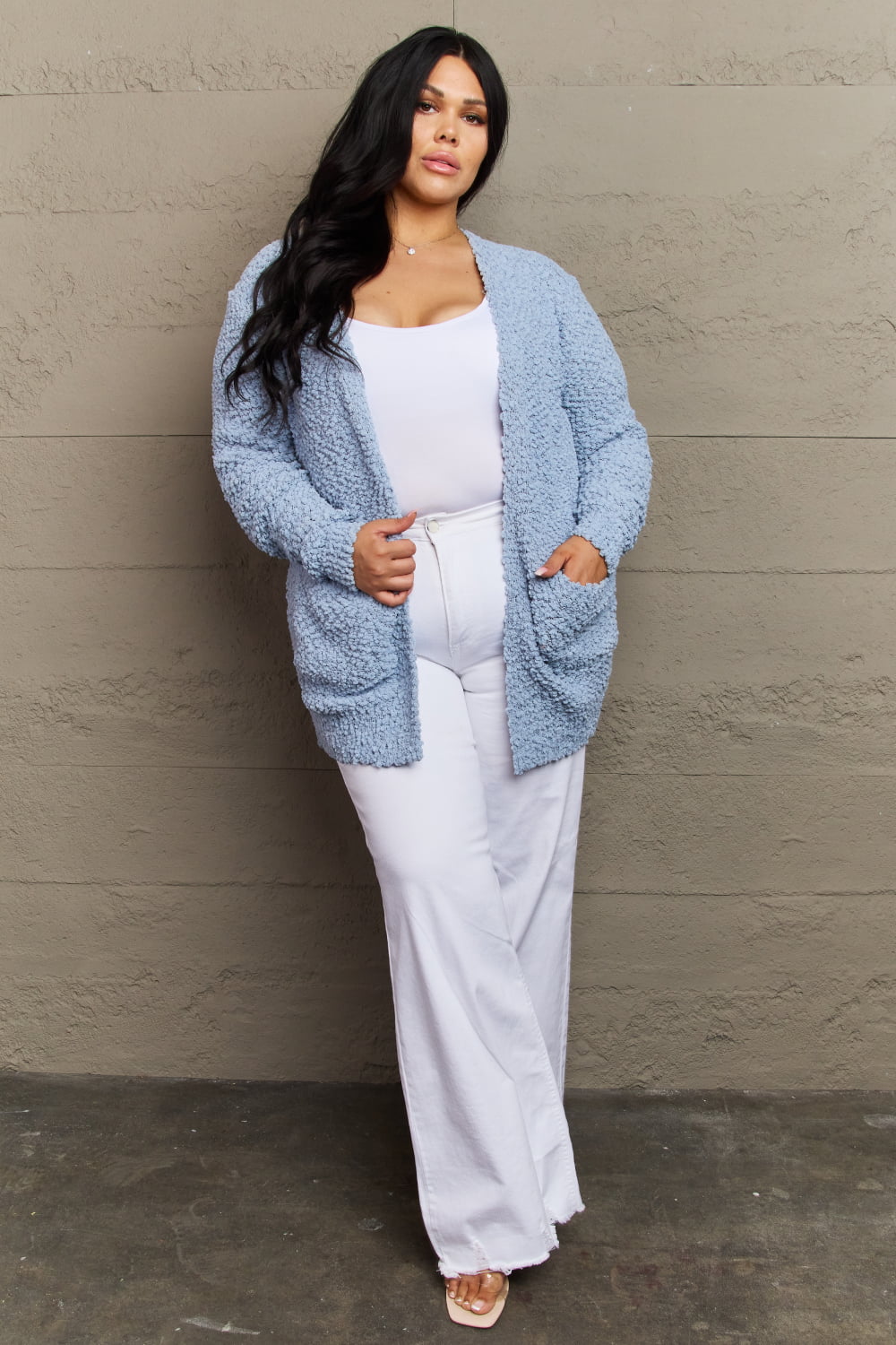 Zenana Falling For You Full Size Open Front Popcorn Cardigan - SELFTRITSS