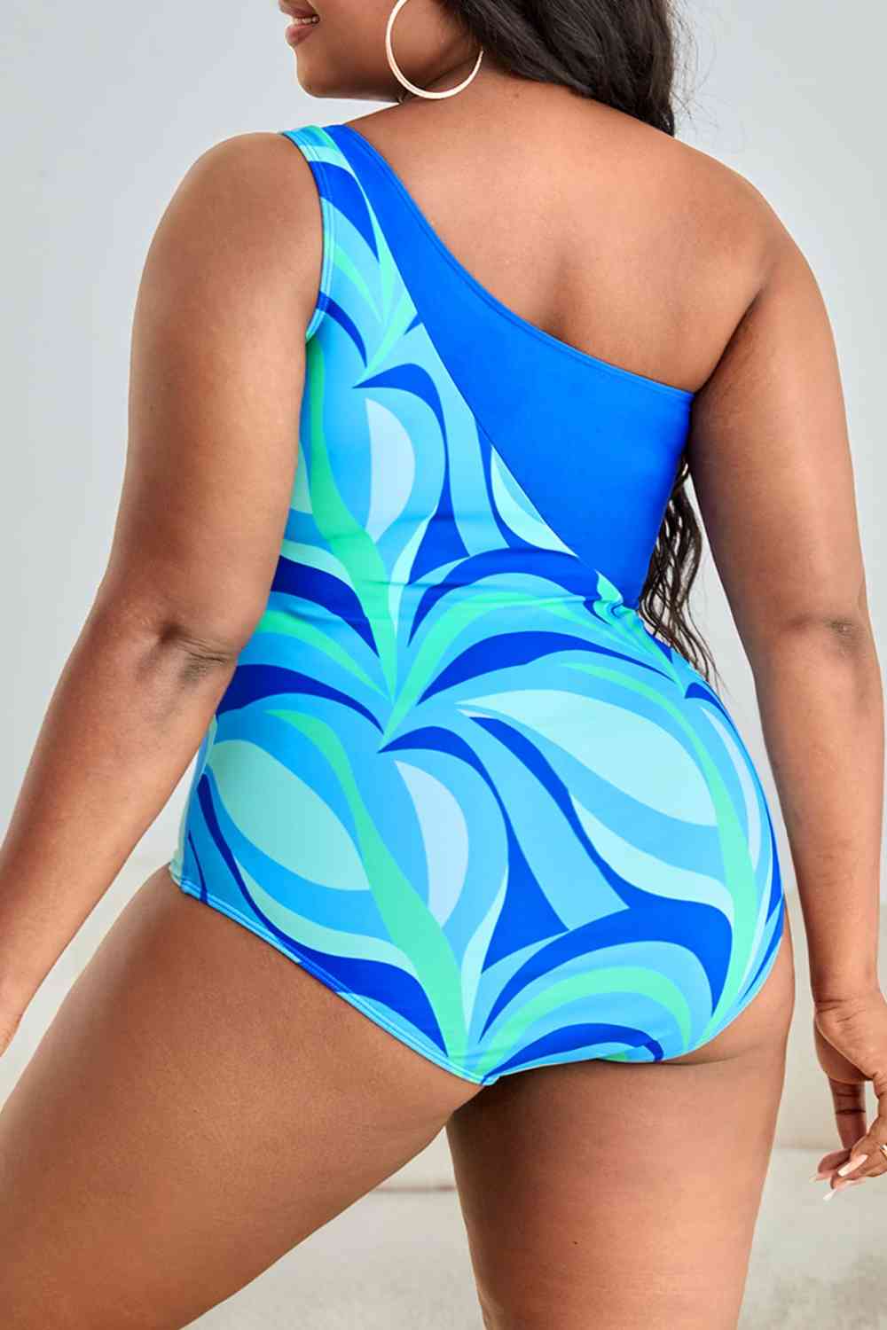 Plus Size Printed Ring Detail One-Shoulder One-Piece Swimsuit - SELFTRITSS