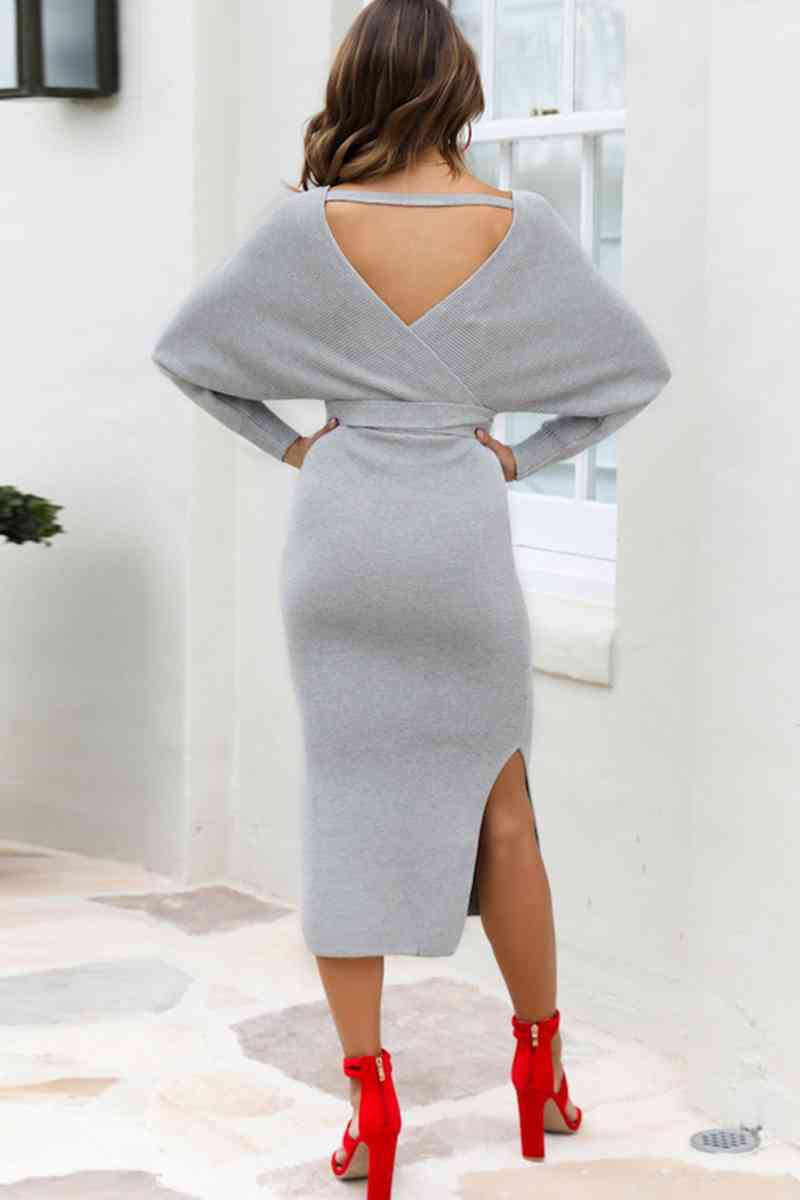 Surplice Neck Bow Waist Slit Sweater Dress - SELFTRITSS