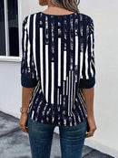 Striped Notched Half Sleeve Blouse - SELFTRITSS   