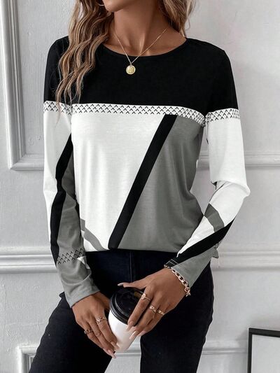 Contrast Round Neck Long Sleeve T-Shirt - SELFTRITSS