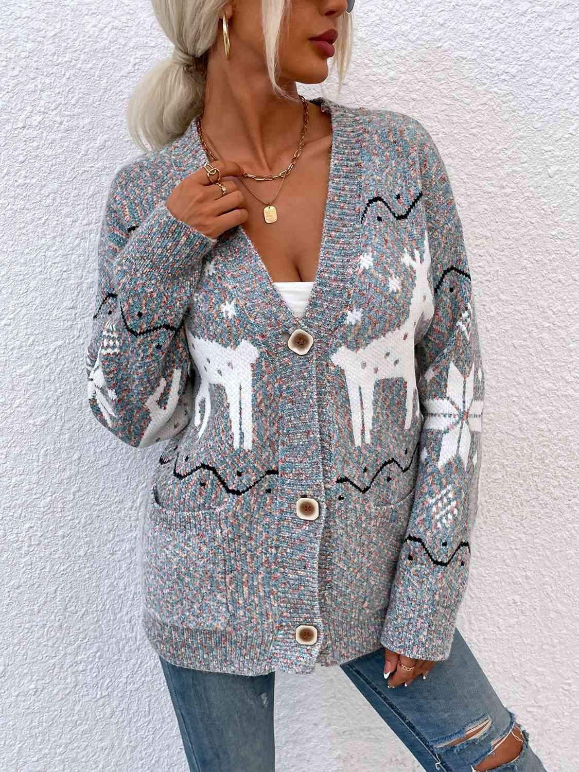 Reindeer Button Down Cardigan with Pockets - SELFTRITSS