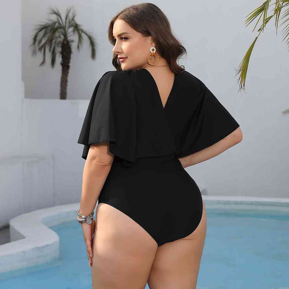 Plus Size Ruched Surplice Neck One-Piece Swimsuit - SELFTRITSS