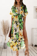 Plunge Split Printed Short Sleeve Dress - SELFTRITSS