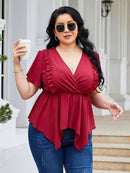 Plus Size Frill Surplice Flutter Sleeve Blouse - SELFTRITSS   