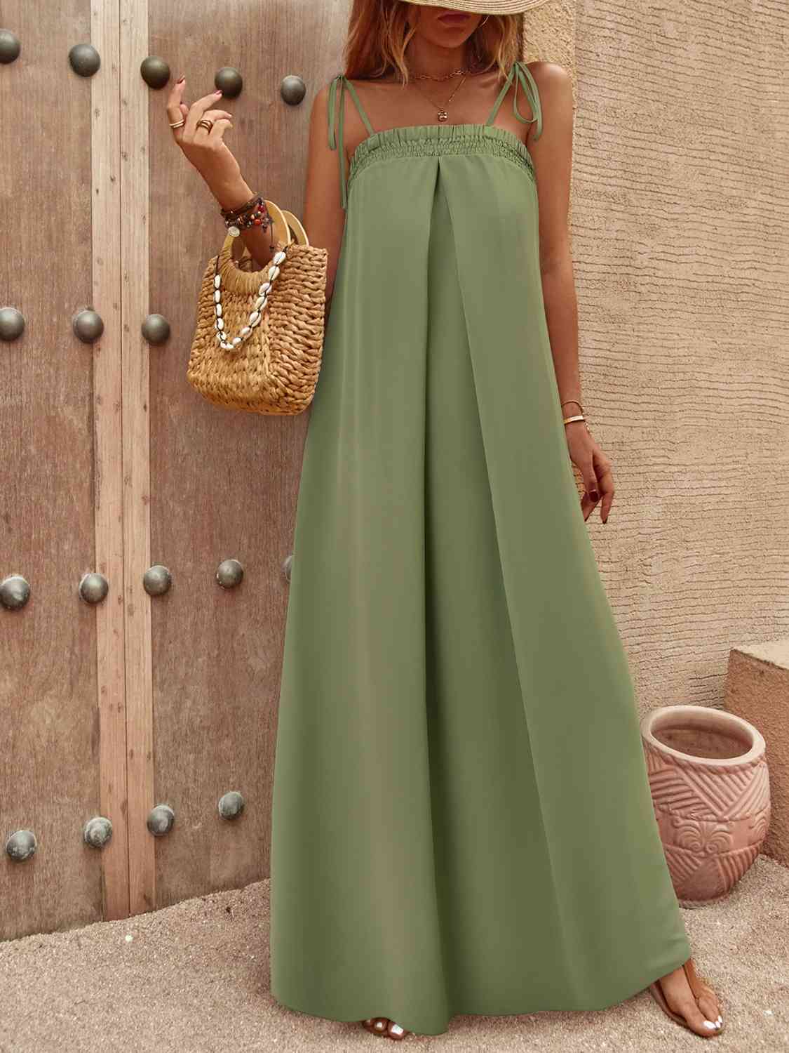 Tie-Shoulder Smocked Maxi Dress - SELFTRITSS