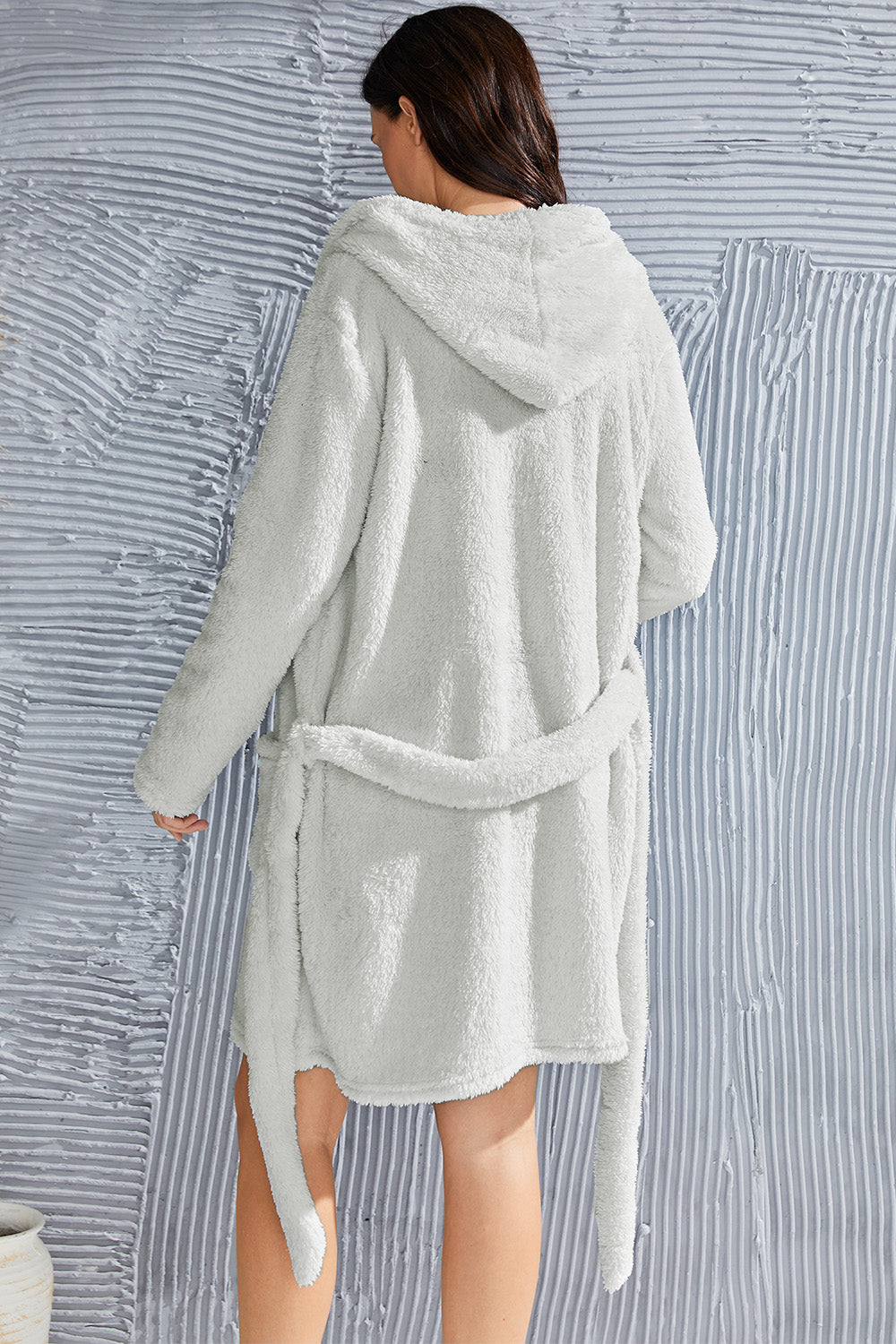 Fuzzy Tied Pocketed Hooded Lounge Nightgown - SELFTRITSS