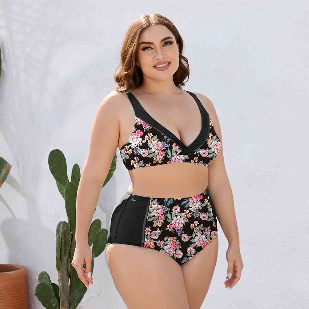 Plus Size Floral High Waist Two-Piece Swim Set - SELFTRITSS