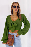 Bow V-Neck Long Sleeve Cropped Sweater - SELFTRITSS