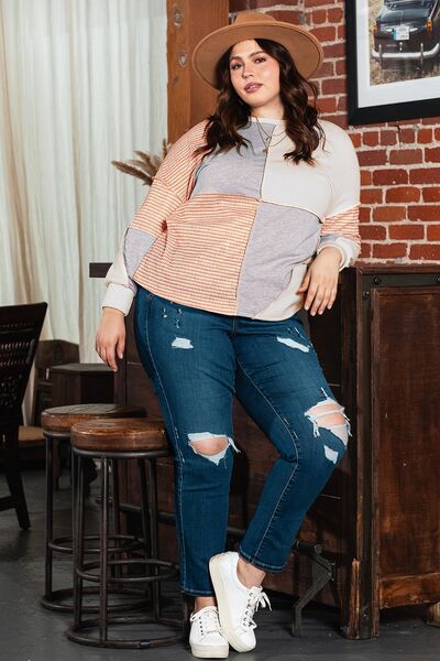 Plus Size Exposed Seam Color Block Round Neck Sweatshirt - SELFTRITSS