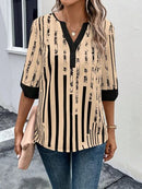 Striped Notched Half Sleeve Blouse - SELFTRITSS   