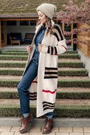 Striped Open Front Long Sleeve Longline Sweater Cardigan - SELFTRITSS