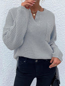 Notched Long Sleeve Sweater - SELFTRITSS   