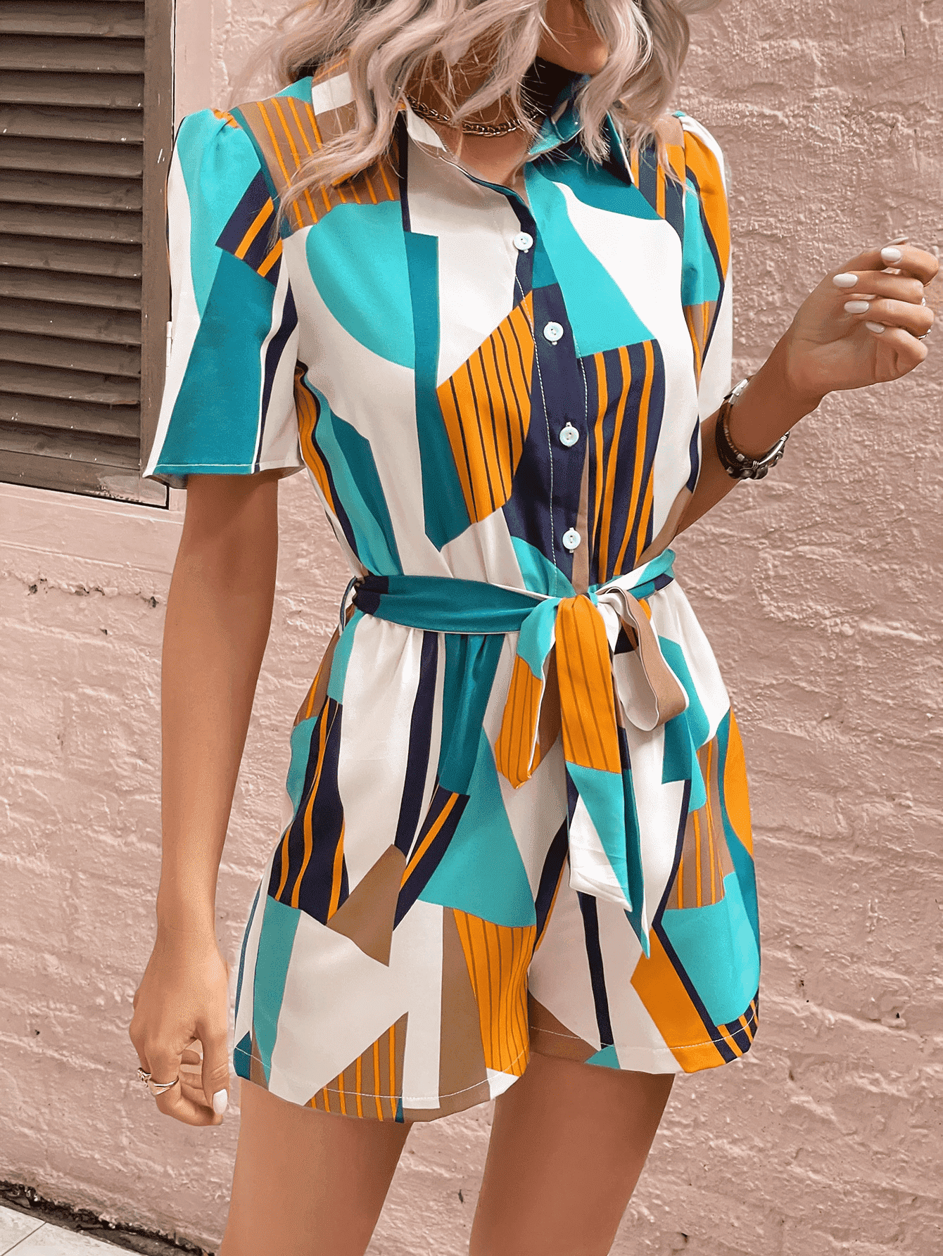 Geometric Puff Sleeve Tie Belt Romper - SELFTRITSS   