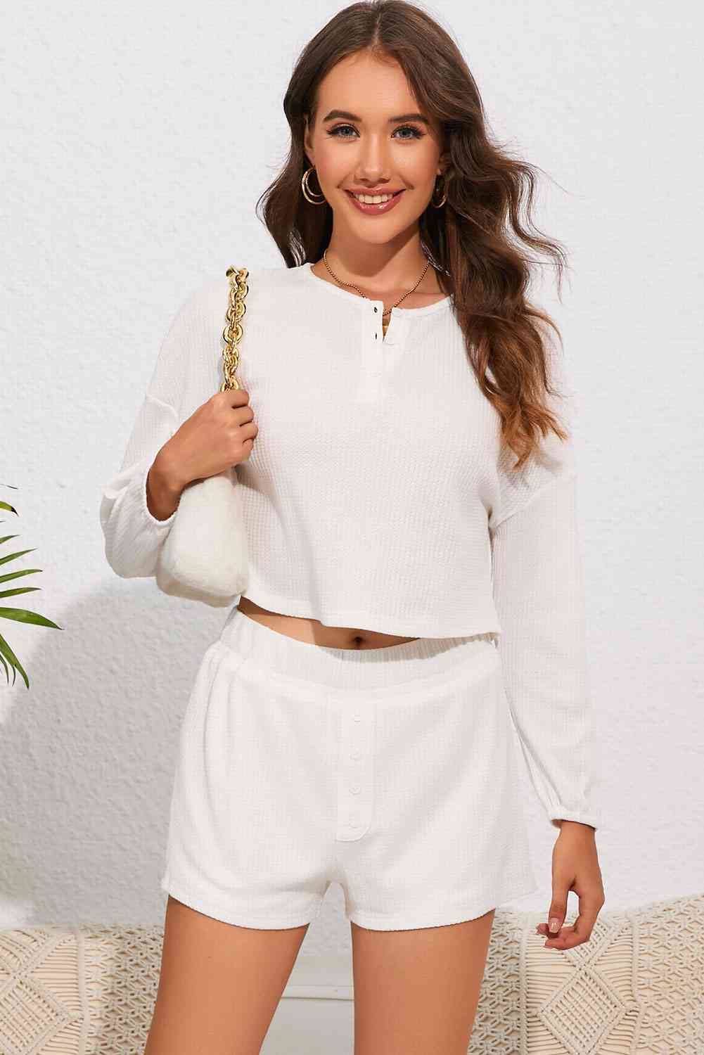 Round Neck Dropped Shoulder Top and Shorts Lounge Set - SELFTRITSS