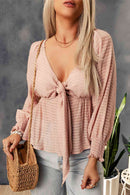 Striped Deep V Bow Detail Babydoll Top - SELFTRITSS