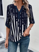 Striped Notched Half Sleeve Blouse - SELFTRITSS   