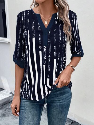 Striped Notched Half Sleeve Blouse - SELFTRITSS   