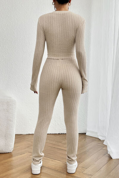 Ribbed V-Neck Long Sleeve Cropped Top and Pants Set - SELFTRITSS