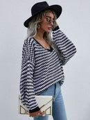 Striped Drop Shoulder V-Neck Pullover Sweater - SELFTRITSS