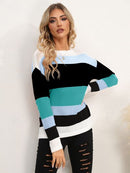 Striped Round Neck Dropped Shoulder Sweater - SELFTRITSS