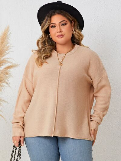 Plus Size Round Neck Drop Shoulder Long Sleeve Sweater - SELFTRITSS