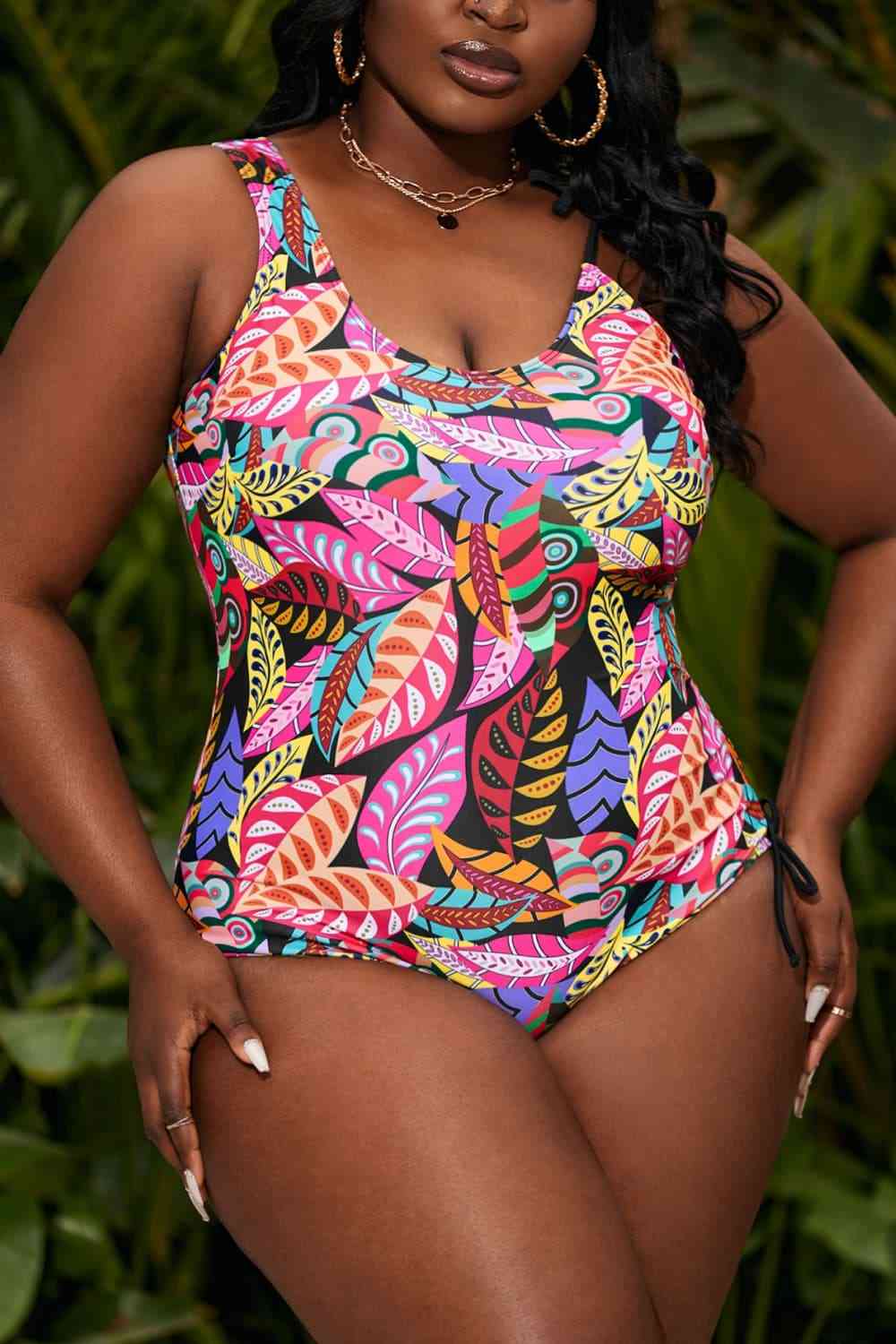 Plus Size Printed Tied Sleeveless One-Piece Swimsuit - SELFTRITSS