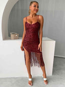 Sequin Fringe Spaghetti Strap Dress - SELFTRITSS