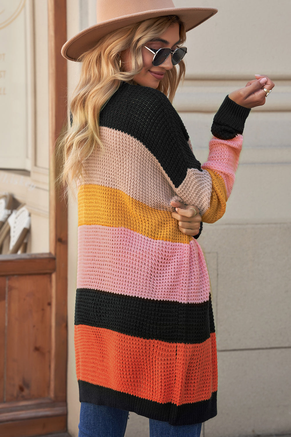 Striped Waffle Knit Open Front Cardigan - SELFTRITSS