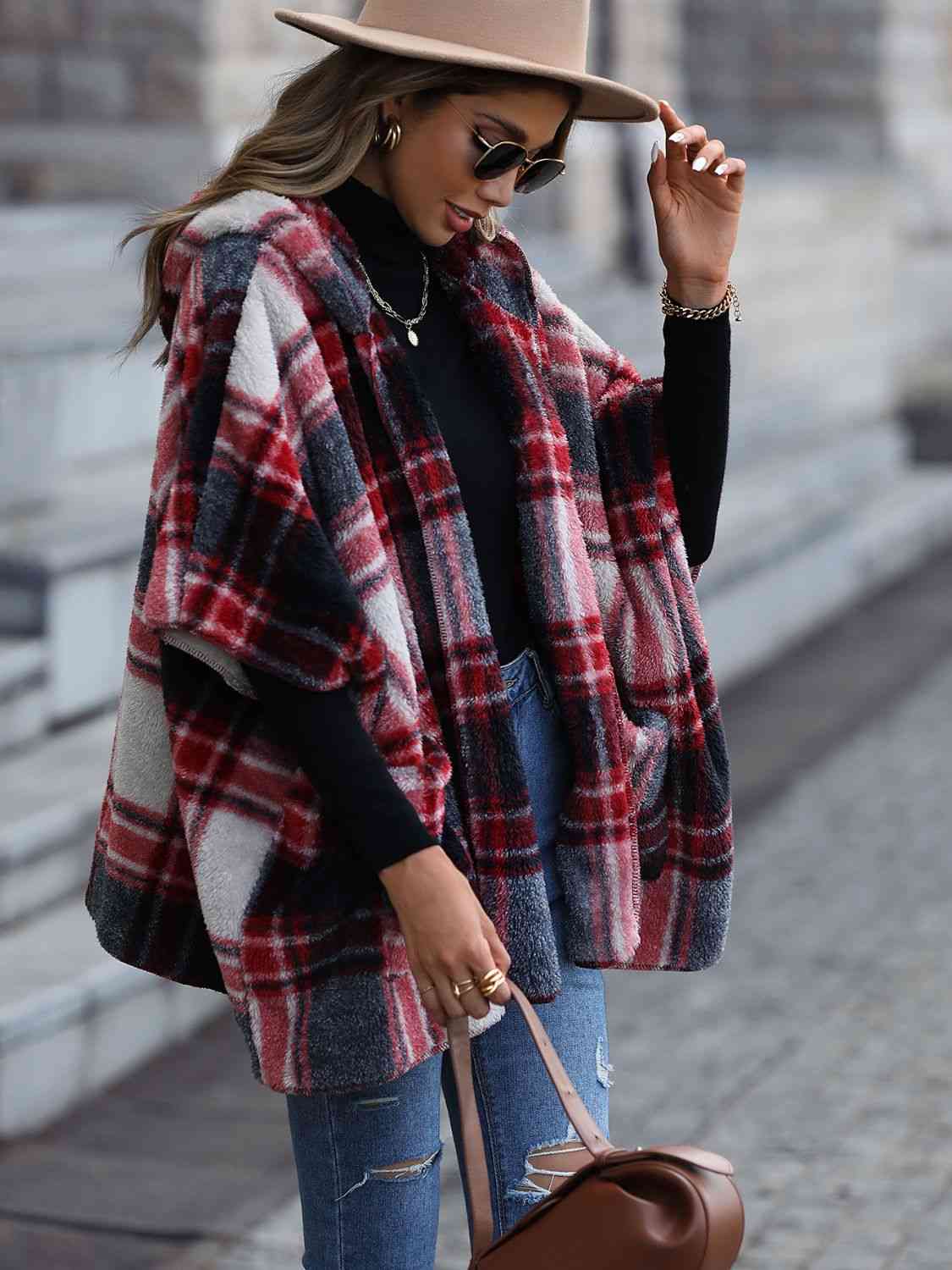 Plaid Hooded Coat with Pockets - SELFTRITSS