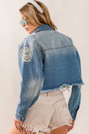BiBi Pearl Detail Distressed Cropped Denim Jacket - SELFTRITSS