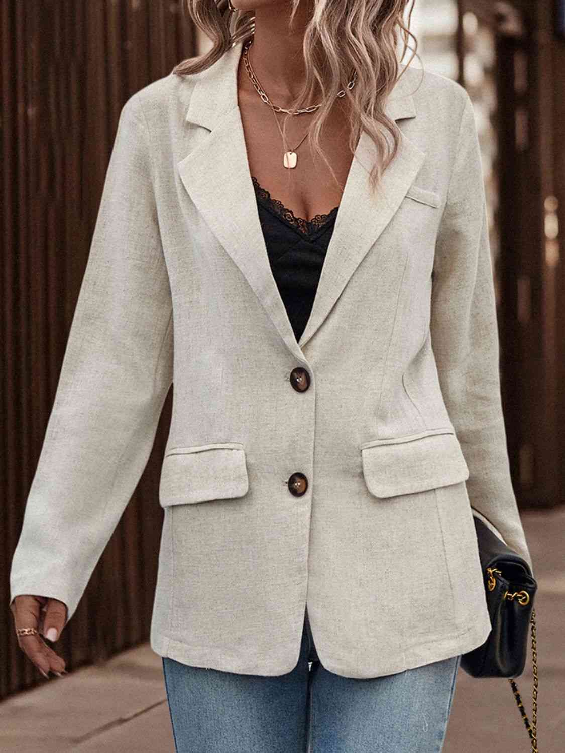 Lapel Collar Long Sleeve Blazer - SELFTRITSS