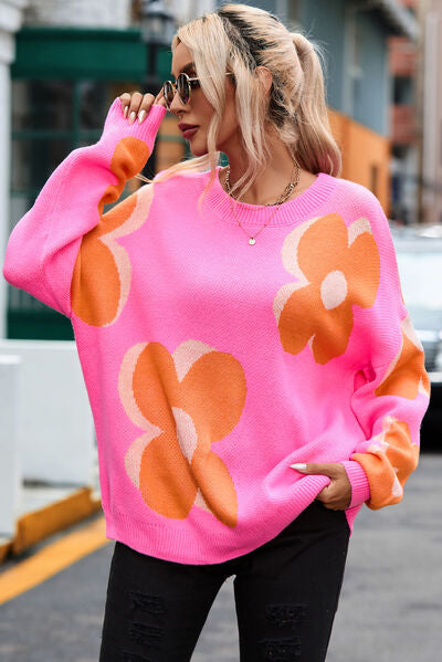 Flower Round Neck Dropped Shoulder Sweater - SELFTRITSS