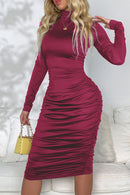 Ruched Mock Neck Long Sleeve Dress - SELFTRITSS