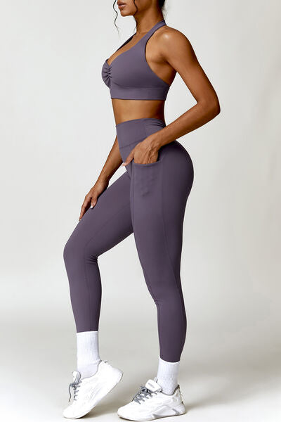 Ruched Halter Neck Bra and Pocketed Leggings Active Set - SELFTRITSS