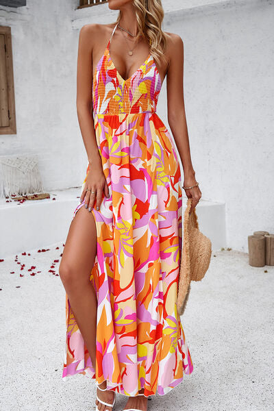 Smocked Slit Tied Printed Dress - SELFTRITSS