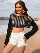 Openwork Boat Neck Long Sleeve Cover-Up - SELFTRITSS   