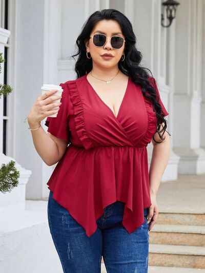 Plus Size Frill Surplice Flutter Sleeve Blouse - SELFTRITSS   