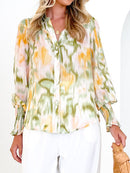 Printed Lantern Sleeve Button Up Shirt - SELFTRITSS